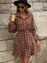 Plaid Drawstring Waist Button Front Shirt Dress